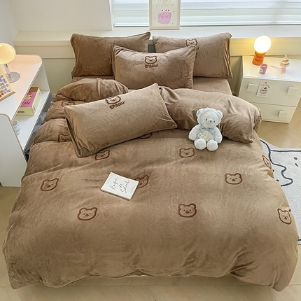雅居纺 2023新款200克毛巾绣牛奶绒四件套-小熊米奇系列 小熊-咖
