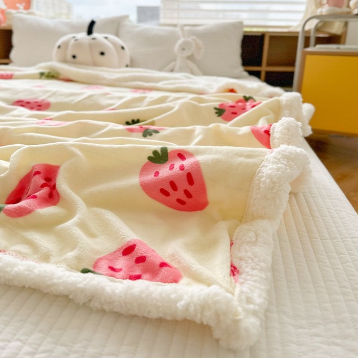 91家纺网 家纺一手货源 找家纺 萝莉家纺 2023新款ins加厚牛奶绒羊羔绒毯午睡毯沙发盖毯-风格二 小草莓