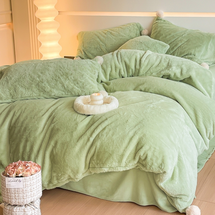 91家纺网 家纺一手货源 找家纺 金爱家 23新品全消光牛奶绒A类纯色立体獭兔毛绒四件套 兔毛纯色-青绿
