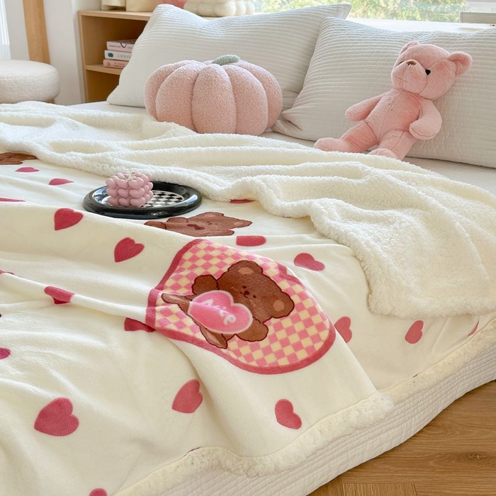 91家纺网 家纺一手货源 找家纺 萝莉家纺 2023新款ins加厚牛奶绒羊羔绒毯午睡毯沙发盖毯-风格二 爱心熊