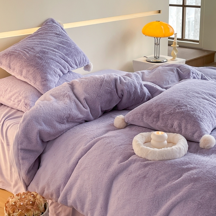 91家纺网 家纺一手货源 找家纺 金爱家 23新品全消光牛奶绒A类纯色立体獭兔毛绒四件套 兔毛纯色-青紫