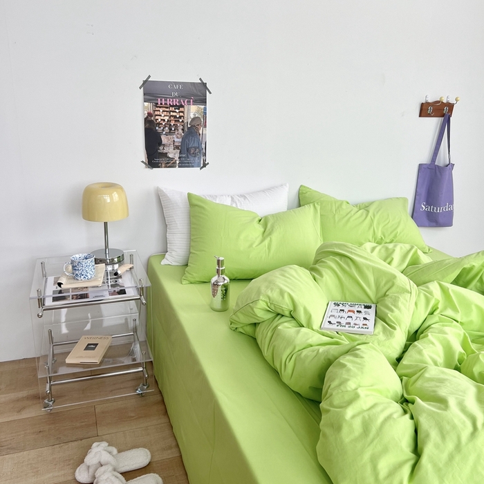 91家纺网 家纺一手货源 找家纺 六巷胡同 2023新款纯色多巴胺博主风四件套 荧光绿