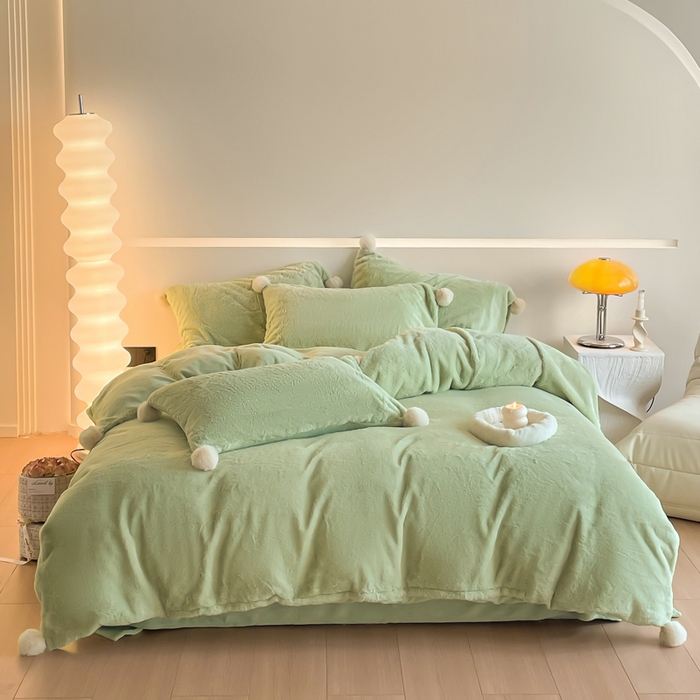 91家纺网 家纺一手货源 找家纺 金爱家 23新品全消光牛奶绒A类纯色立体獭兔毛绒四件套 兔毛纯色-青绿