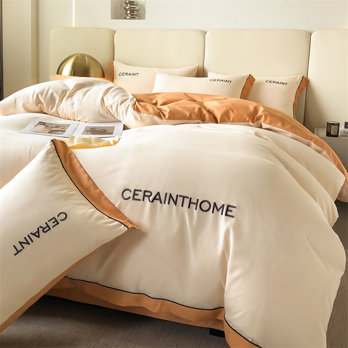 91家纺网 家纺一手货源 找家纺 盛秋家纺 2025新款洛伦-麻绳款系列四件套 奶昔白+南瓜橘