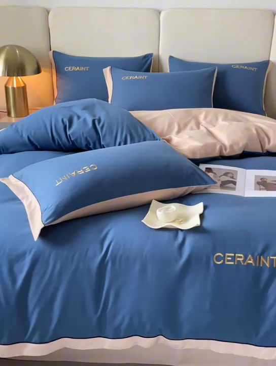 91家纺网 家纺一手货源 找家纺 盛秋家纺 2025新款洛伦-麻绳款系列四件套 宾利蓝+奶茶