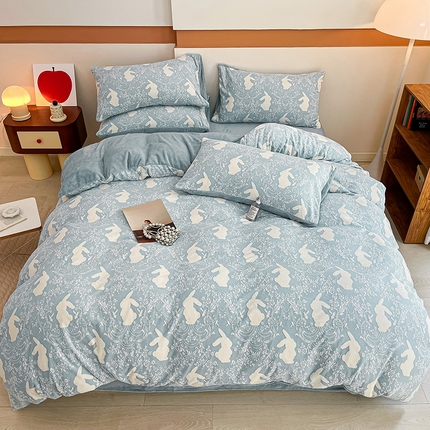 雅居纺 2023新款200克立体雕花烂花绒四件套-小兔兔系列 小兔兔-蓝