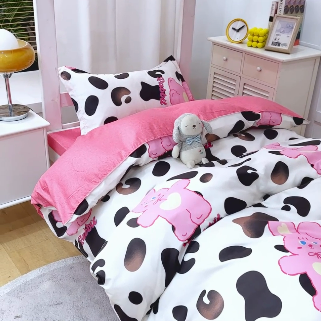 91家纺网 家纺一手货源 找家纺 2023新款亲肤棉美棉芦荟棉三件套美棉（8月）学生宿舍床 豹纹兔