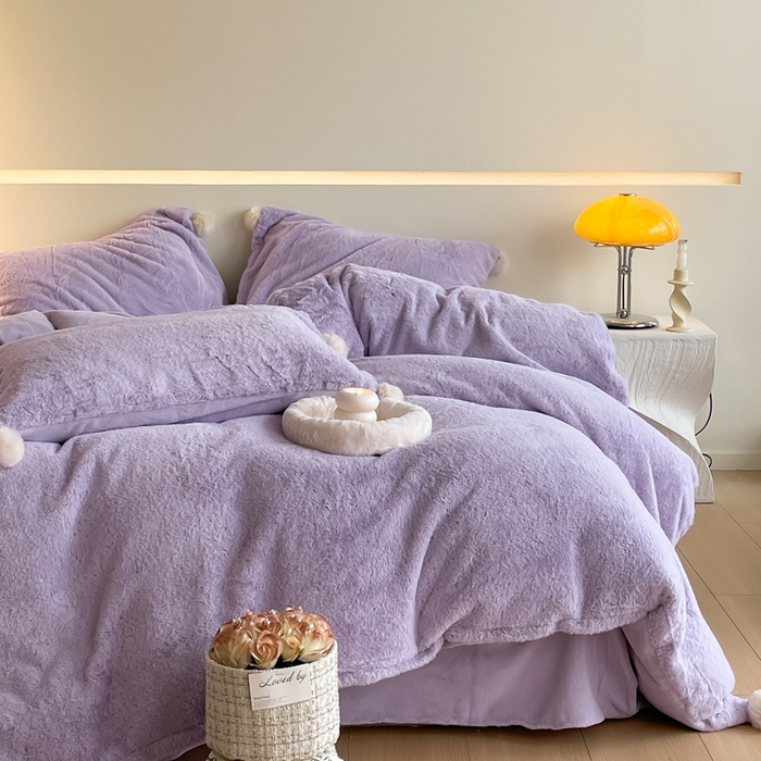 91家纺网 家纺一手货源 找家纺 金爱家 23新品全消光牛奶绒A类纯色立体獭兔毛绒四件套 兔毛纯色-青紫