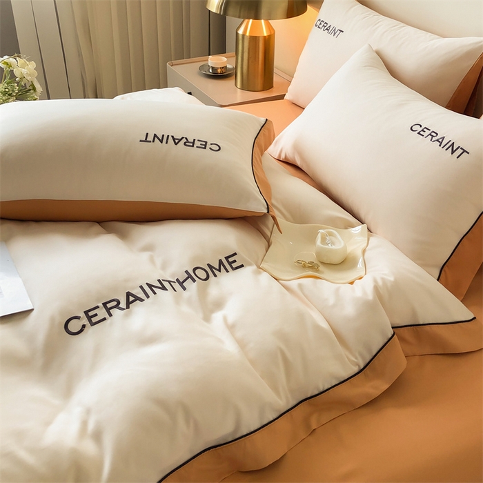 91家纺网 家纺一手货源 找家纺 盛秋家纺 2025新款洛伦-麻绳款系列四件套 奶昔白+南瓜橘