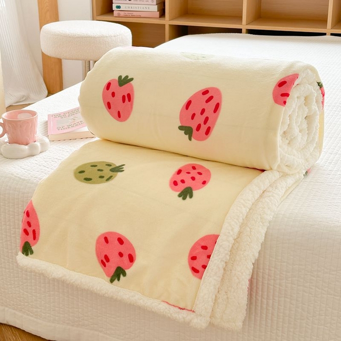 91家纺网 家纺一手货源 找家纺 萝莉家纺 2023新款ins加厚牛奶绒羊羔绒毯午睡毯沙发盖毯-风格二 小草莓