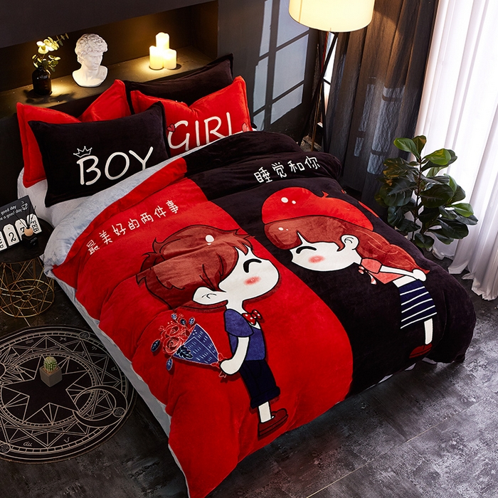 91家纺网 家纺一手货源 找家纺 KT猫 2024卡通法莱绒牛奶绒四件套遇上对的你