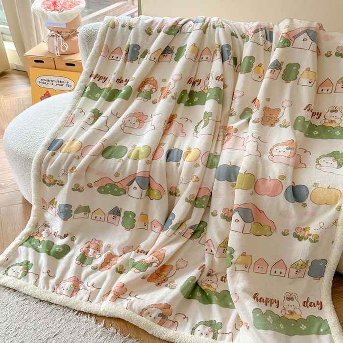 91家纺网 家纺一手货源 找家纺 萝莉家纺 2023新款ins加厚牛奶绒羊羔绒毯午睡毯沙发盖毯-风格二 快乐的一天