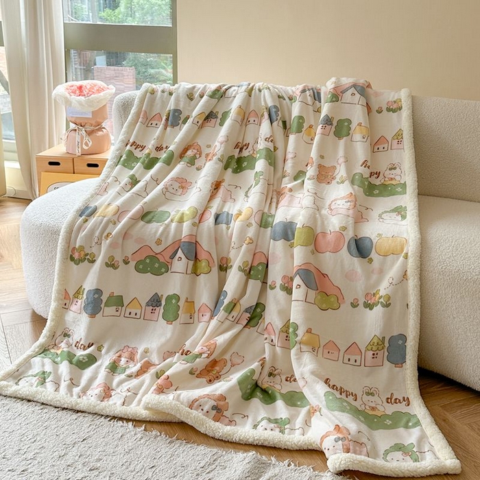 91家纺网 家纺一手货源 找家纺 萝莉家纺 2023新款ins加厚牛奶绒羊羔绒毯午睡毯沙发盖毯-风格二 快乐的一天