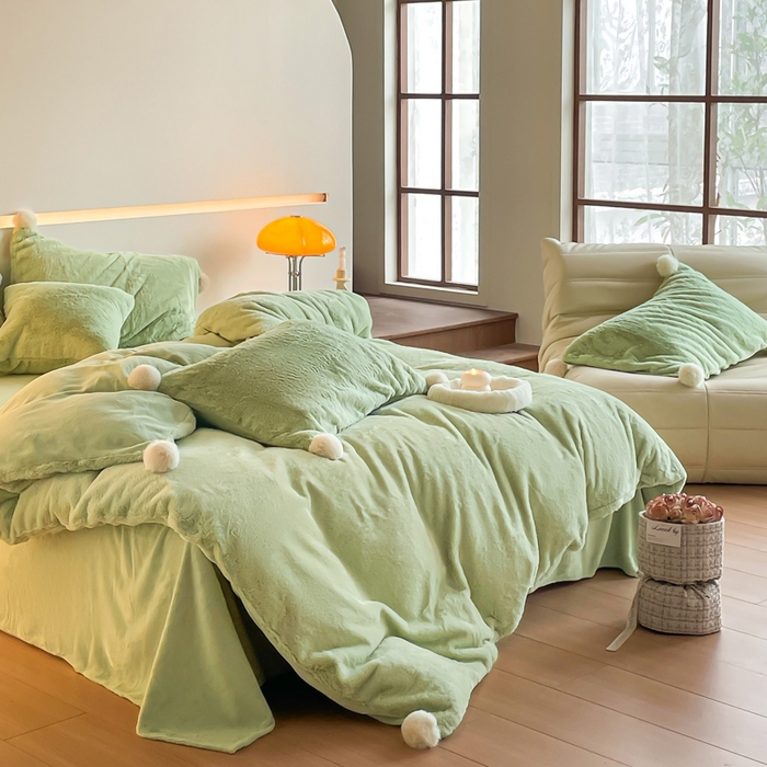 91家纺网 家纺一手货源 找家纺 金爱家 23新品全消光牛奶绒A类纯色立体獭兔毛绒四件套 兔毛纯色-青绿