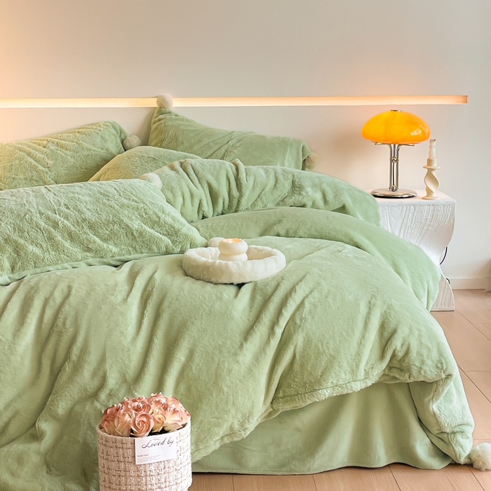 91家纺网 家纺一手货源 找家纺 金爱家 23新品全消光牛奶绒A类纯色立体獭兔毛绒四件套 兔毛纯色-青绿