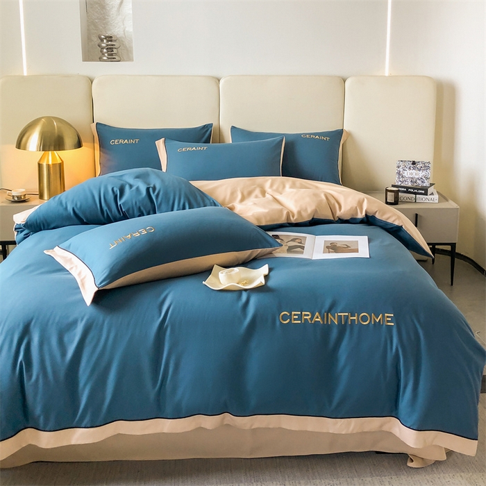 91家纺网 家纺一手货源 找家纺 盛秋家纺 2025新款洛伦-麻绳款系列四件套 宾利蓝+奶茶