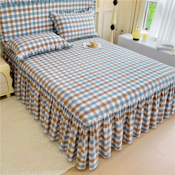 91家纺网 家纺一手货源 找家纺 十个点  2024新款色织水洗棉-韵格系列单品夹棉床裙 七彩格兰