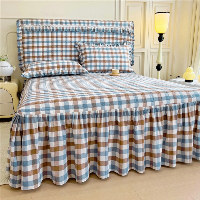 91家纺网 家纺一手货源 找家纺 十个点  2024新款色织水洗棉-韵格系列单品夹棉床裙 七彩格兰