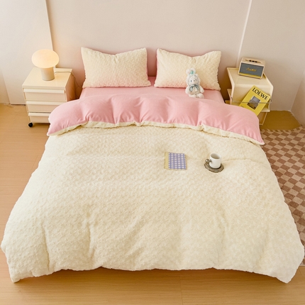珺柔2023款兔绒纯色双拼四件套 小玫瑰-米白