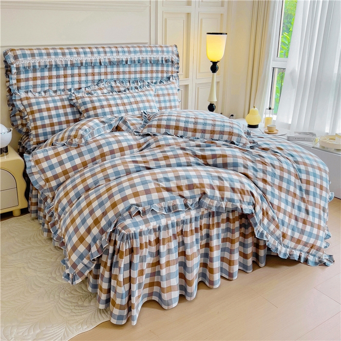 91家纺网 家纺一手货源 找家纺 十个点  2024新款色织水洗棉韵格系列床裙款四件套 七彩格兰