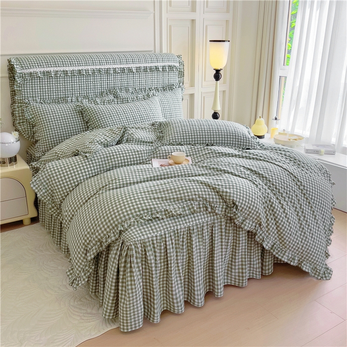 91家纺网 家纺一手货源 找家纺 十个点  2024新款色织水洗棉韵格系列床裙款四件套 绿小格