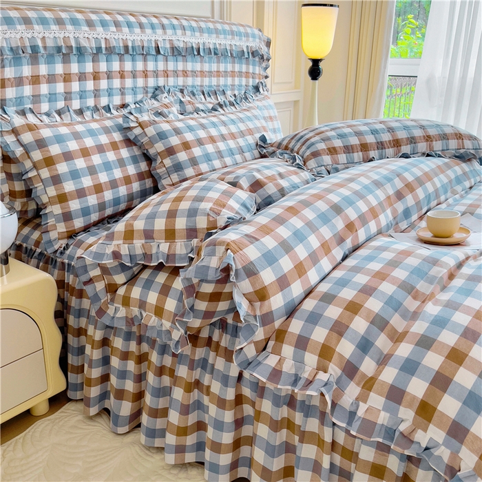 91家纺网 家纺一手货源 找家纺 十个点  2024新款色织水洗棉韵格系列床裙款四件套 七彩格兰