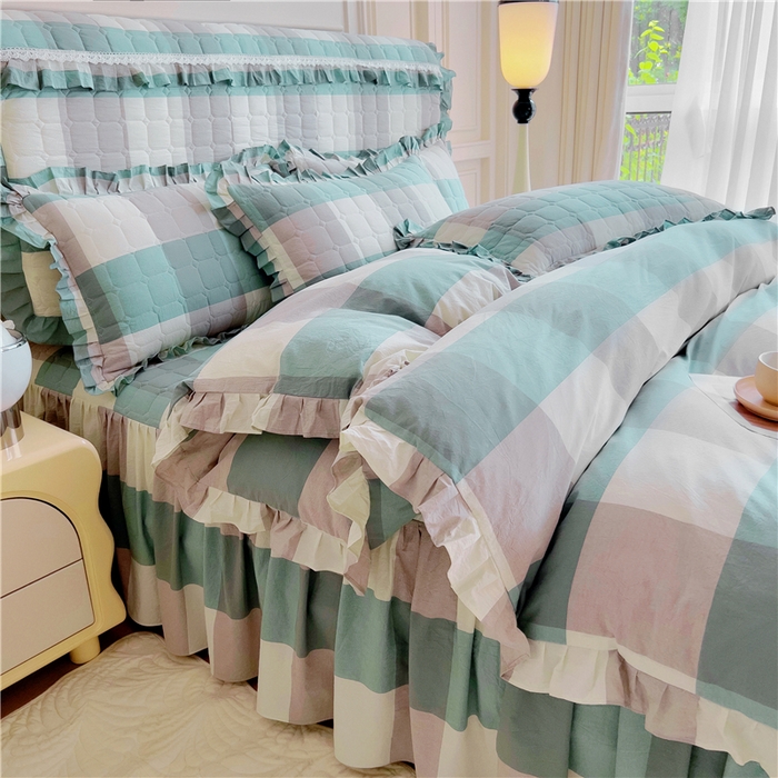 91家纺网 家纺一手货源 找家纺 十个点  2024新款色织水洗棉韵格系列床裙款四件套 浅蓝大格