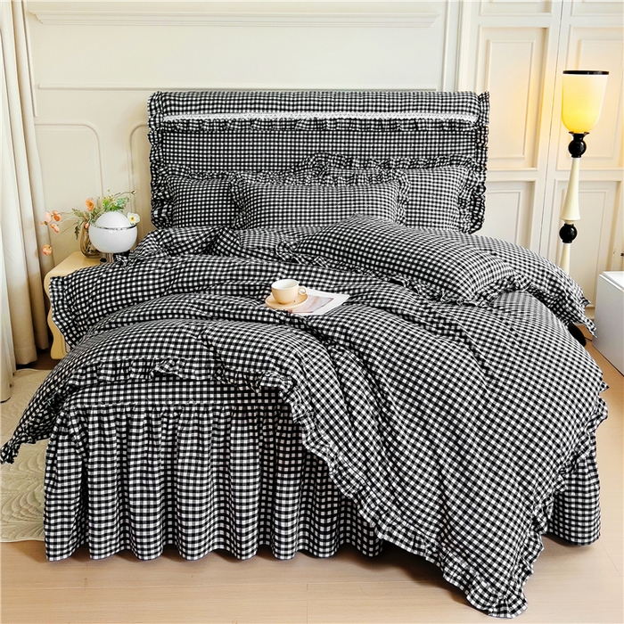 91家纺网 家纺一手货源 找家纺 十个点  2024新款色织水洗棉韵格系列床裙款四件套 黑白小格