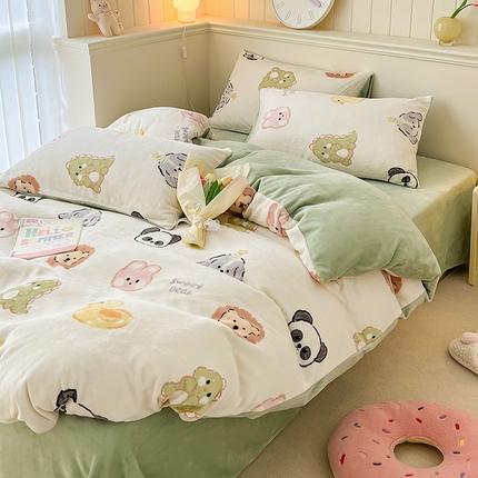 91家纺网 家纺一手货源 找家纺 （总）桃子家居 2023新款ins韩系简约卡通奶油小清新加厚牛奶绒系列四件套