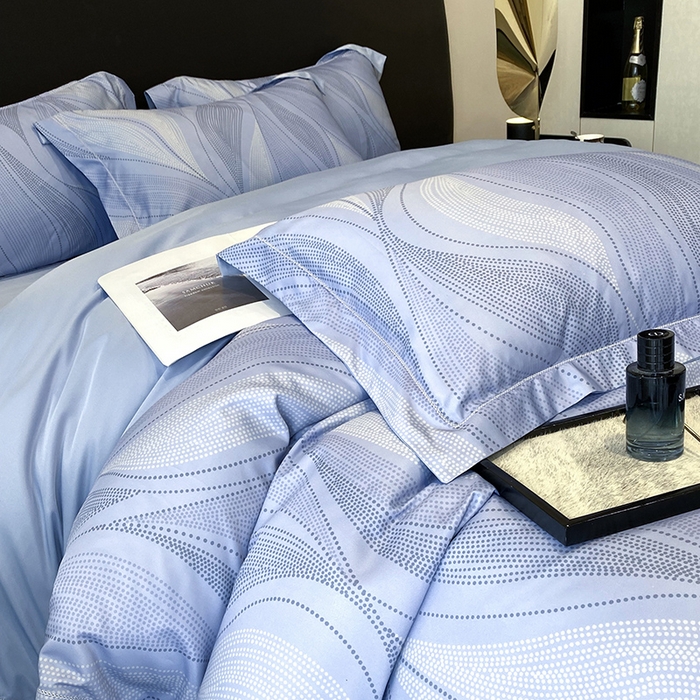 91家纺网 家纺一手货源 找家纺 优悦 2023新款轻奢磨毛印花系列四件套 马克波点-蓝