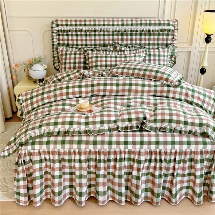 91家纺网 家纺一手货源 找家纺 十个点  2024新款色织水洗棉韵格系列床裙款四件套 七彩格绿