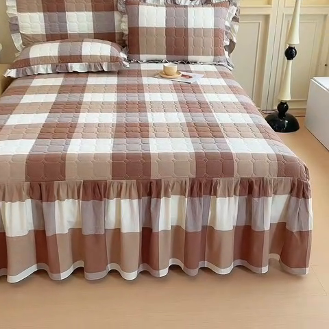 91家纺网 家纺一手货源 找家纺 十个点  2024新款色织水洗棉韵格系列床裙款四件套 咖大格