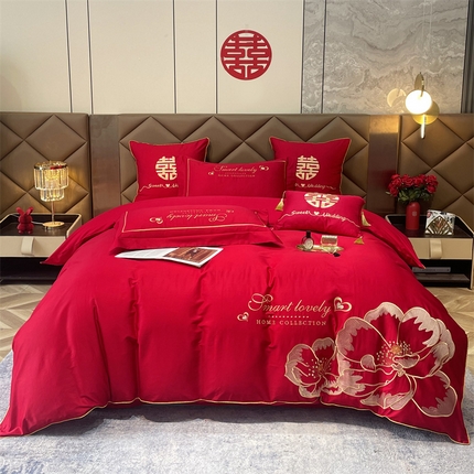 91家纺网 家纺一手货源 找家纺 甜咪咪 2023新款纯棉40S小红书推荐热款婚庆四件套多件套 爱的诺言