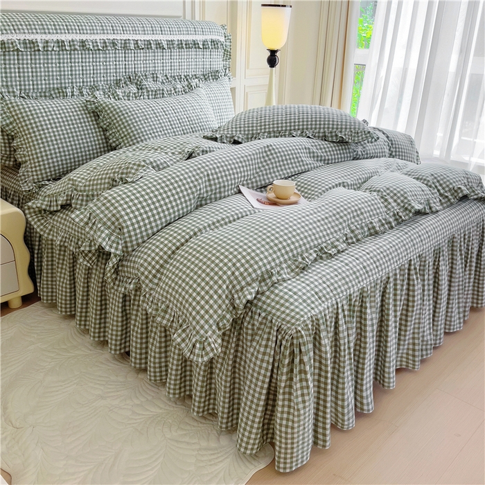 91家纺网 家纺一手货源 找家纺 十个点  2024新款色织水洗棉韵格系列床裙款四件套 绿小格