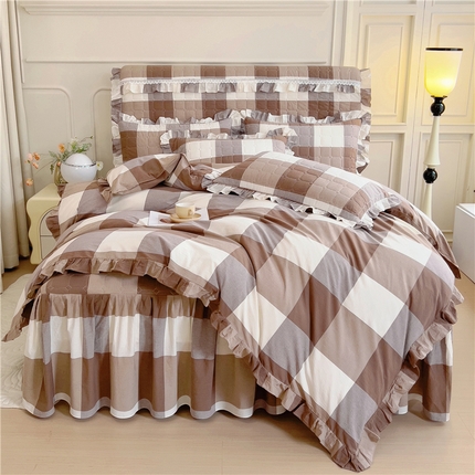 十个点  2024新款色织水洗棉韵格系列床裙款四件套 咖大格