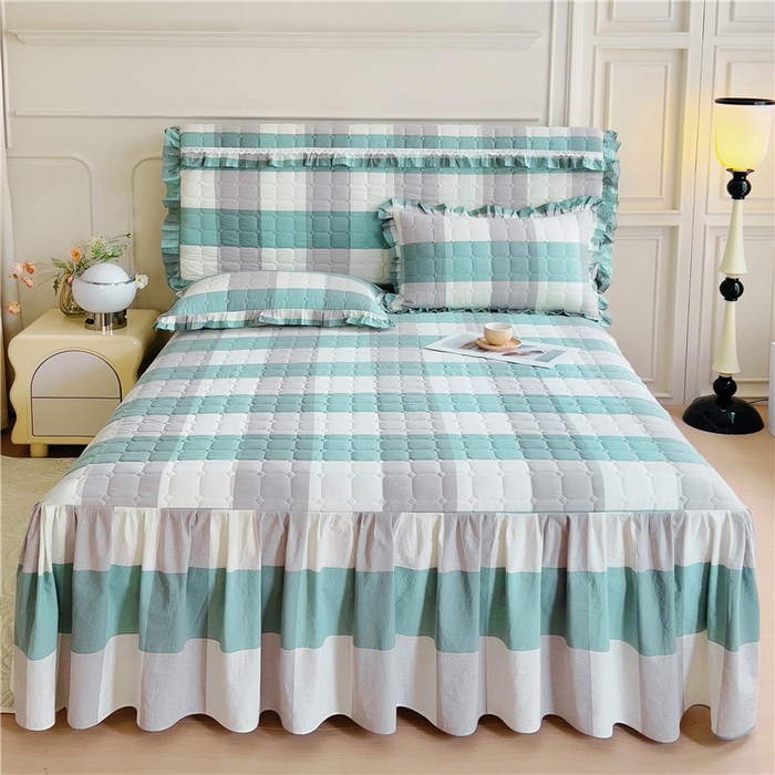 91家纺网 家纺一手货源 找家纺 十个点  2024新款色织水洗棉-韵格系列单品夹棉床裙 浅蓝大格