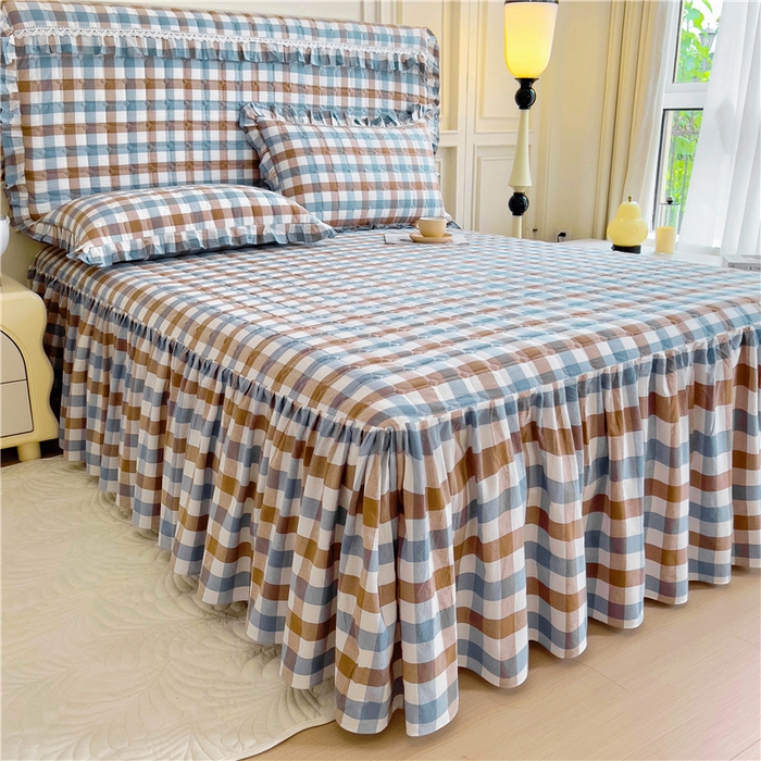 91家纺网 家纺一手货源 找家纺 十个点  2024新款色织水洗棉-韵格系列单品夹棉床裙 七彩格兰