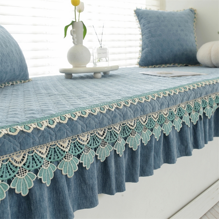 91家纺网 家纺一手货源 找家纺 共鸣沙发垫2023新款5cm厚50D雪尼尔花边款可拆洗 5cm海绵飘窗垫雪尼尔蓝灰