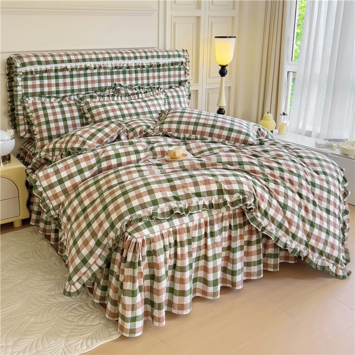 91家纺网 家纺一手货源 找家纺 十个点  2024新款色织水洗棉韵格系列床裙款四件套 七彩格绿