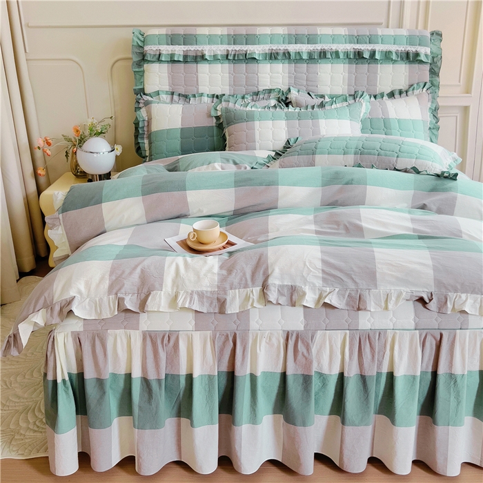 91家纺网 家纺一手货源 找家纺 十个点  2024新款色织水洗棉韵格系列床裙款四件套 浅蓝大格