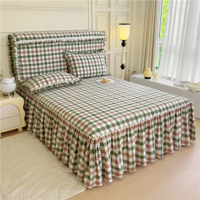 91家纺网 家纺一手货源 找家纺 十个点  2024新款色织水洗棉-韵格系列单品夹棉床裙 七彩格绿