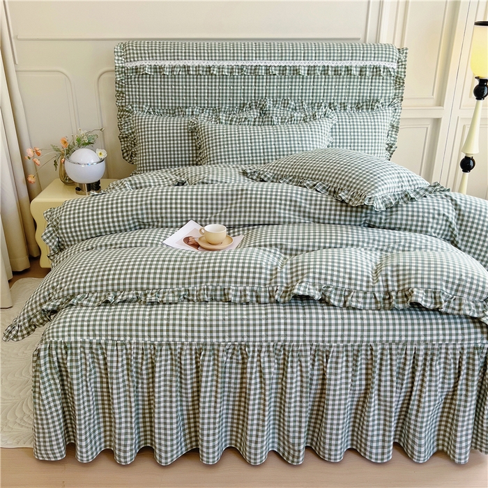 91家纺网 家纺一手货源 找家纺 十个点  2024新款色织水洗棉韵格系列床裙款四件套 绿小格