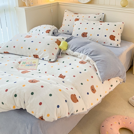 91家纺网 家纺一手货源 找家纺 （总）桃子家居 2023新款ins韩系简约卡通奶油小清新加厚牛奶绒系列四件套