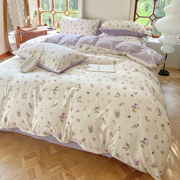 91家纺网 家纺一手货源 找家纺 上尚居 2023新款提花小竺棉碎花四件套 紫葡萄（米色）