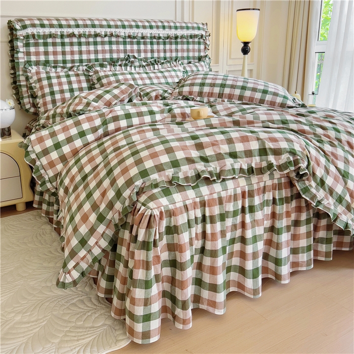 91家纺网 家纺一手货源 找家纺 十个点  2024新款色织水洗棉韵格系列床裙款四件套 七彩格绿