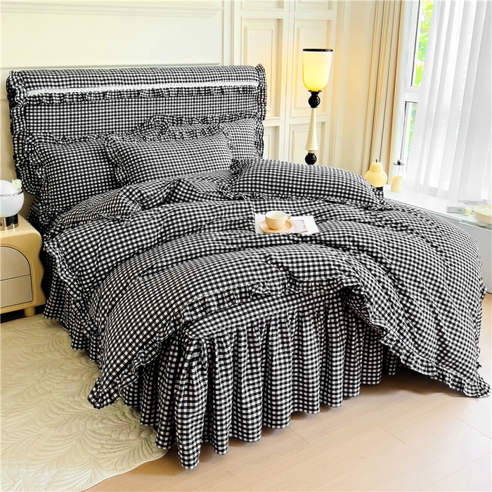 91家纺网 家纺一手货源 找家纺 十个点  2024新款色织水洗棉韵格系列床裙款四件套 黑白小格