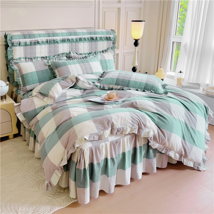 91家纺网 家纺一手货源 找家纺 十个点  2024新款色织水洗棉韵格系列床裙款四件套 浅蓝大格