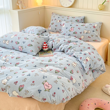 91家纺网 家纺一手货源 找家纺 （总）桃子家居 2023新款ins韩系简约卡通奶油小清新加厚牛奶绒系列四件套