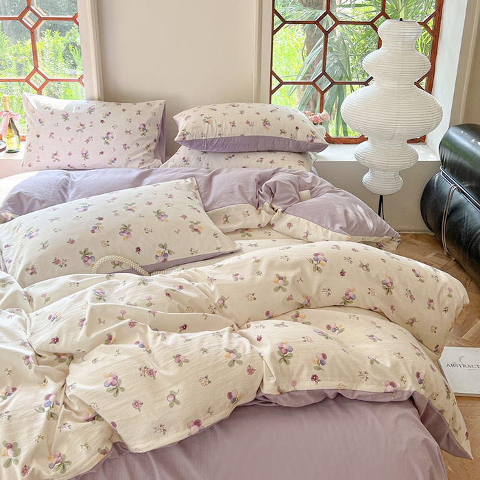 91家纺网 家纺一手货源 找家纺 上尚居 2023新款提花小竺棉碎花四件套 紫葡萄（米色）