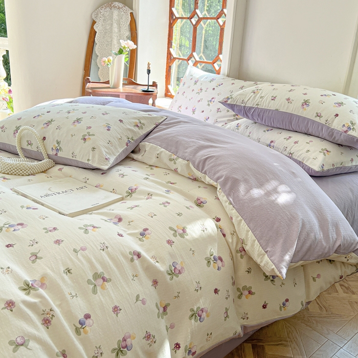 91家纺网 家纺一手货源 找家纺 上尚居 2023新款提花小竺棉碎花四件套 紫葡萄（米色）